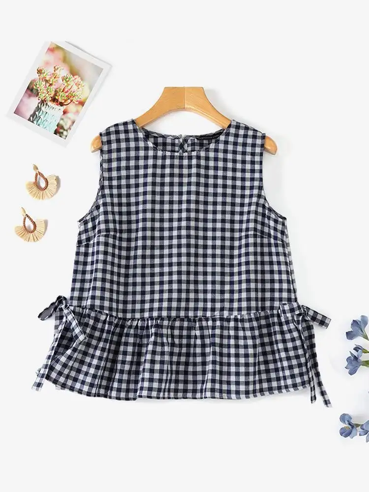 ZANZEA Fashion Checked Ruffled Hem Tanks Women Casual O Neck Sleeveless Lace-Up Tunic Tops 2024 Summer Holiday Shirts Blouses