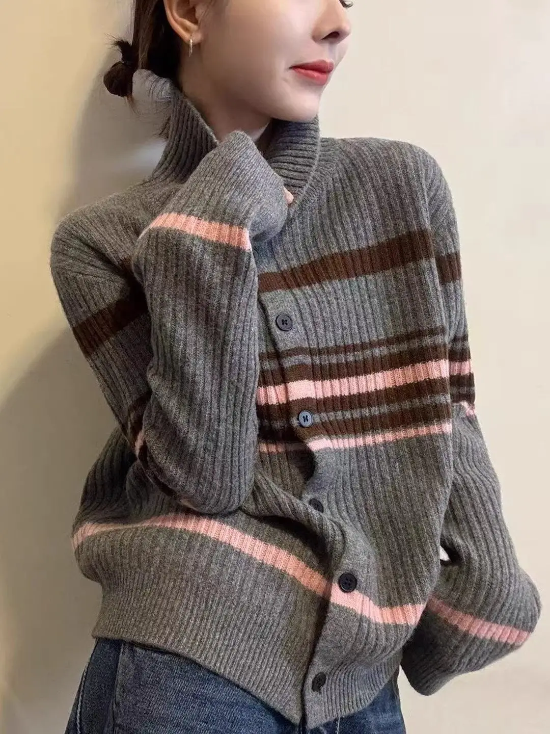 

plus Size Striped Knitted Open Cardigan Women's Spring Faionable Overweight Sensation Turn-down Collar Sweater Outerwear