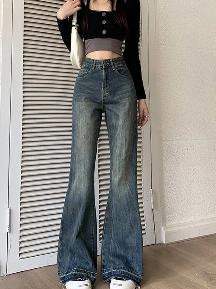 

Женские джинсы-клеш больших размеров, эластичные, утепленные, осенне-зимние, винтажные, с широкими штанинами, с высокой талией, из смесового хлопка и полиэстера