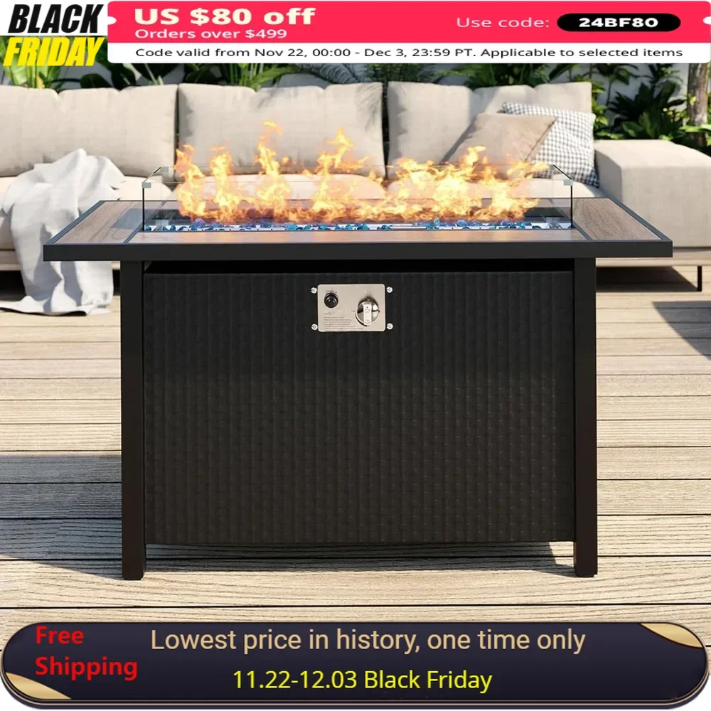 

45 Inch Fire Pit Table with Walnut Top, Blue Beads, Removable Lid, Waterproof Cover, Alumium Frame, Propane Gas Fire Pit Table