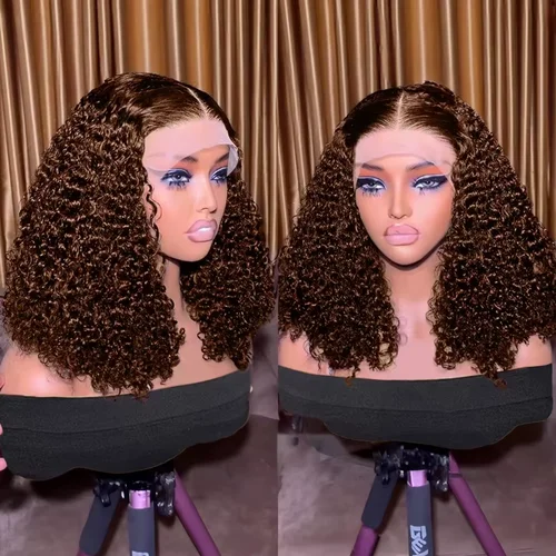 Imagen 2 del producto Marrón medio # 4 pelucas Bob de onda profunda cabello humano de color 13 × 4 peluca de cabello humano frontal de encaje pelucas Bob cortas de onda de agua de densidad 250%