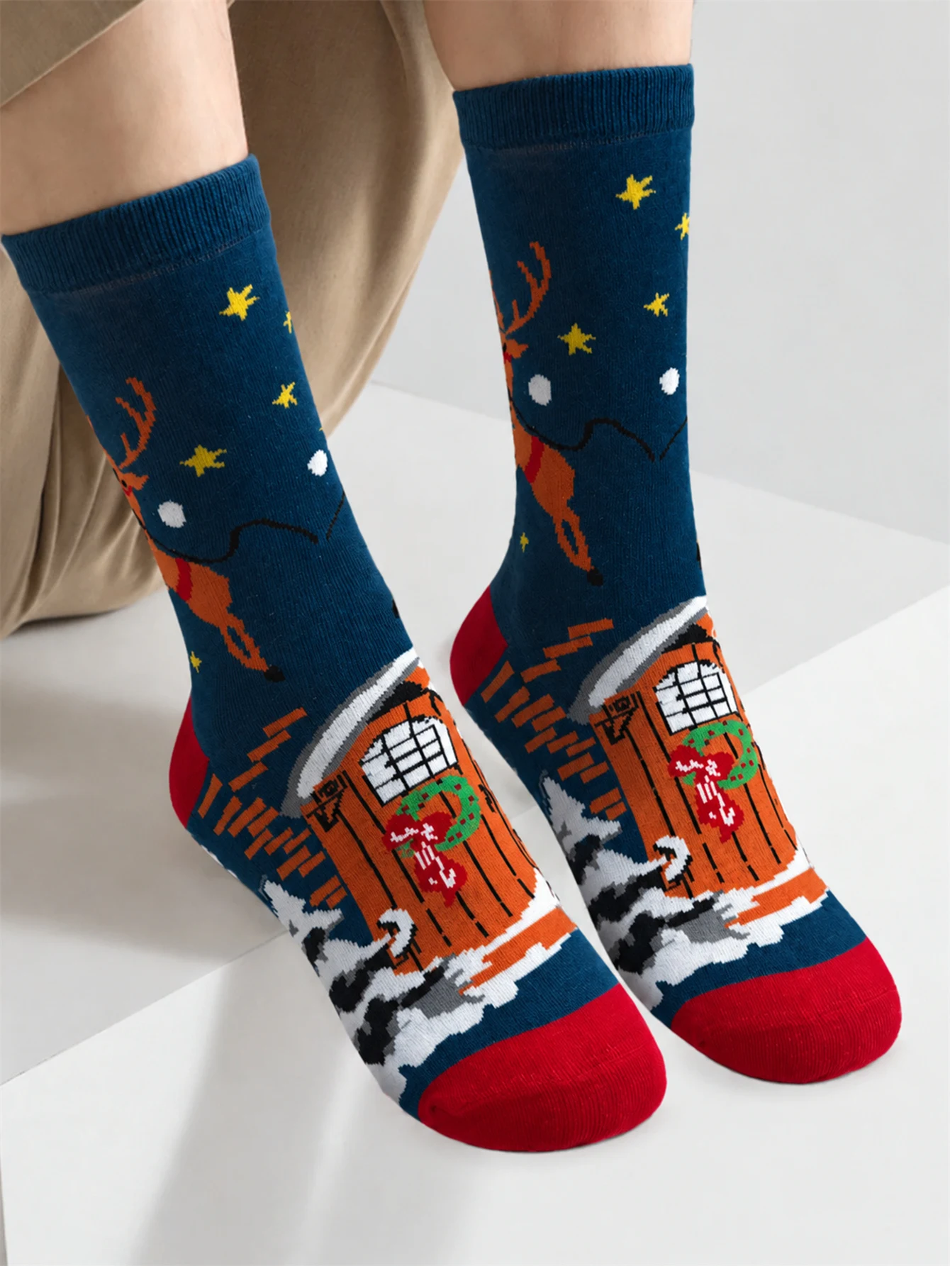 Christmas Cotton Socks Navy Reindeer Sleigh House Funny Novelity Socks Soft Cotton Warm Winter Socks Unisex Holiday Party Gift