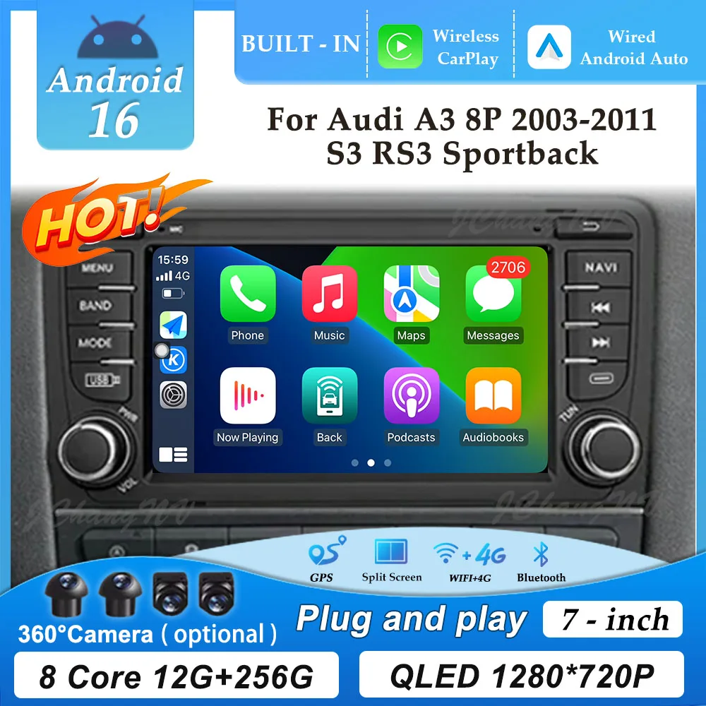 Navegação GPS de 7 polegadas com 4G Wifi, rádio automotivo Android 16 para Audi A3 8P 2003-2011 S3 RS3 Sportback, CarPlay, reprodutor multimídia com vídeo e DSP.