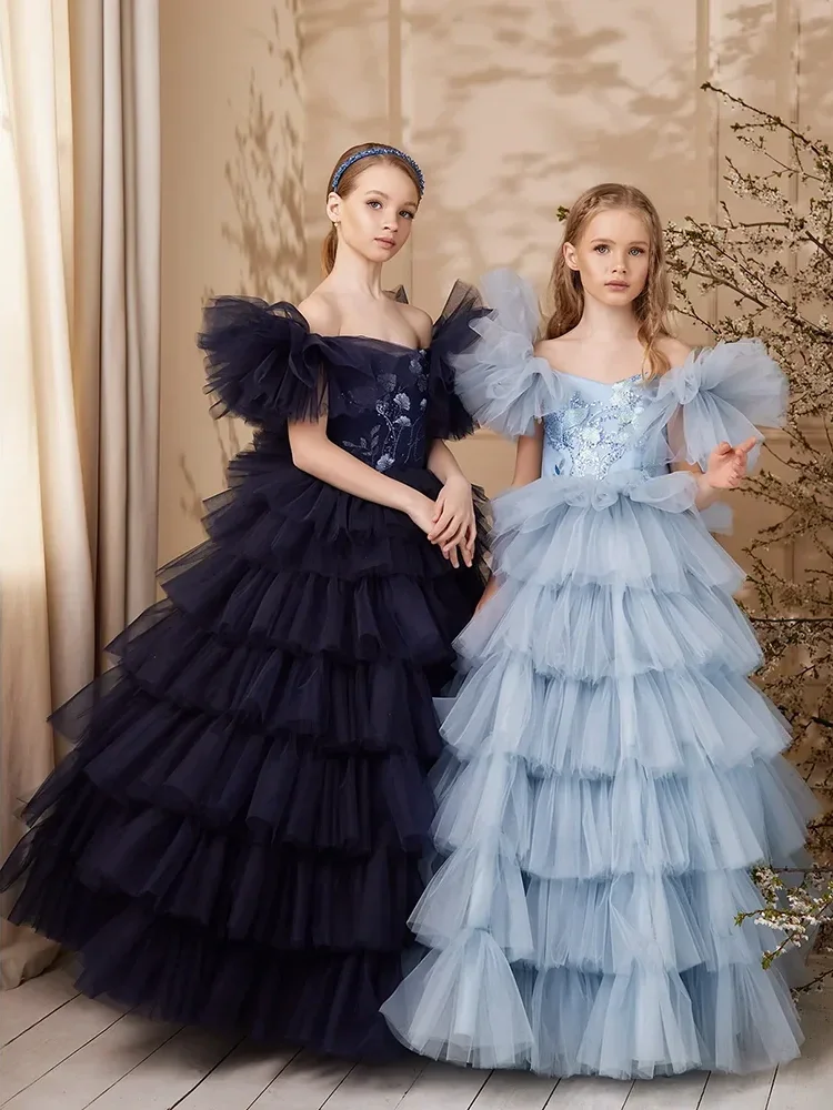 Geschichtetes Blumen mädchen kleid für Hochzeits tüll applikation von der Schulter elegante Prinzessin Kinder geburtstags feier Erstkommunion Ballkleid