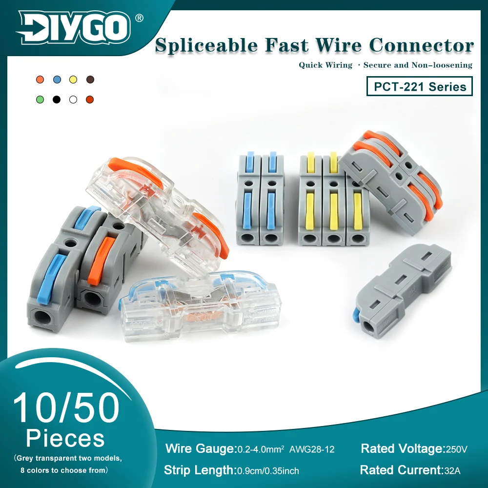DIYGO 10/50Pcs Universal 1 To 1 Lever Wire Connector Quick Splice Spring Terminal Block Compact for Home Electric Wiring Circuit