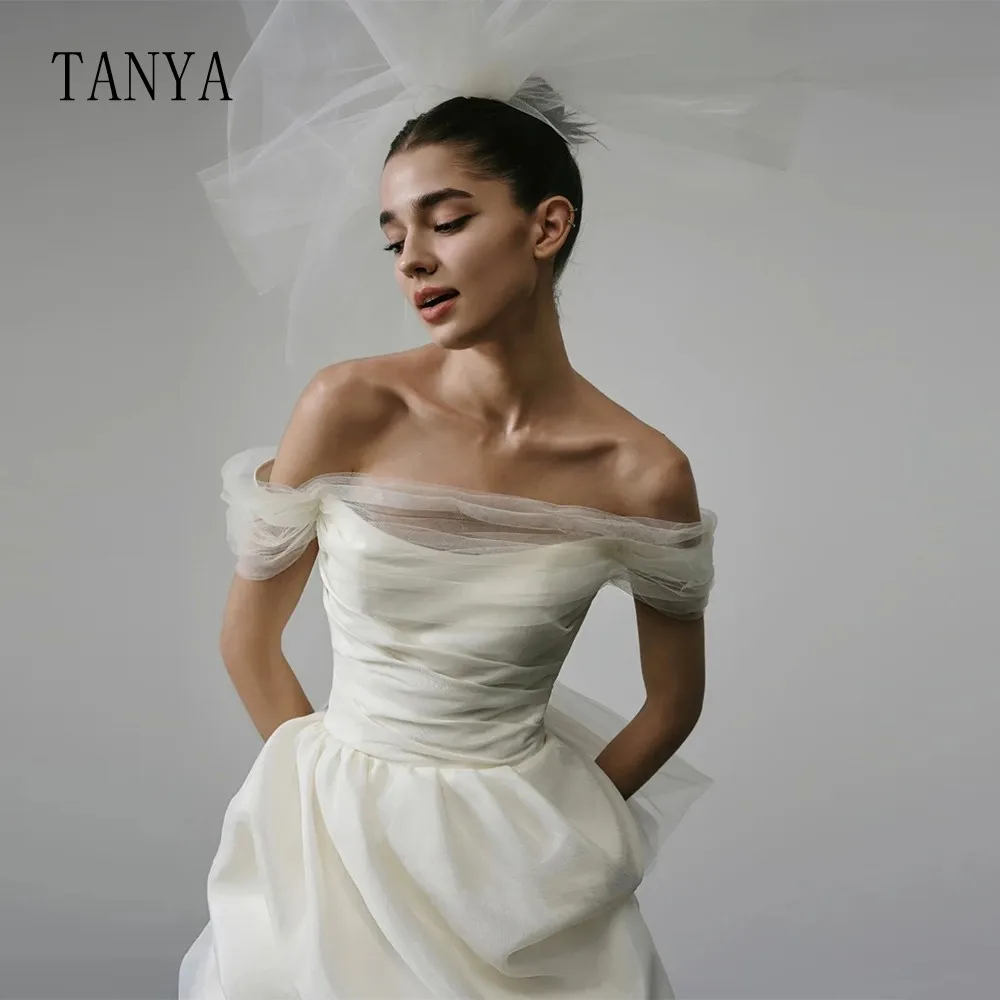 Off The Shoulder Short Wedding Dress With Detachable Tulle Bow Train Taffeta Boat Neck Knee Length Fashion Bridal Gown TSWD271