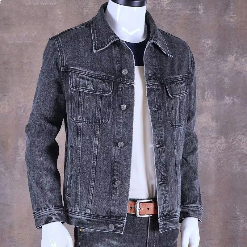 Immagine 6: Giacca di jeans da uomo, stile vintage, taglio aderente, ideale per la primavera e l’autunno, con molteplici tasche, adatta per il lavoro, per il tempo libero e per un look casual e urbano.