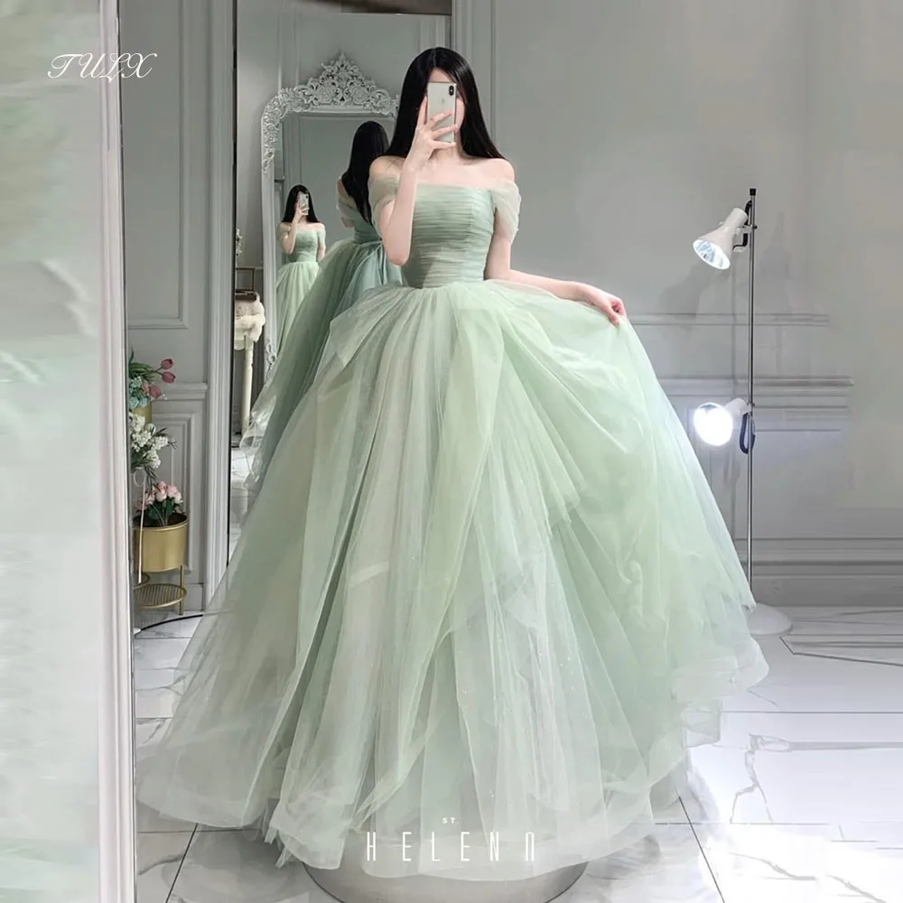 

TULX Fairy Green Tulle Evening Dress Korea Photo Shoot Strapless Off Shoulder Bridal Party Dress A line Log Corset Customized