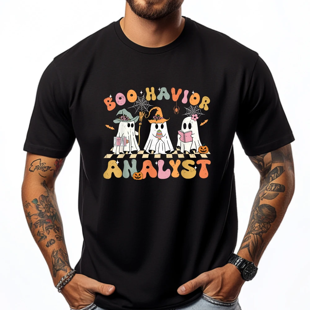 

Retro Ghost Boo Havior Analyst Therapist BCBA Halloween Cream T Shirt Men Clothes Valentine's Day Tops & Tees