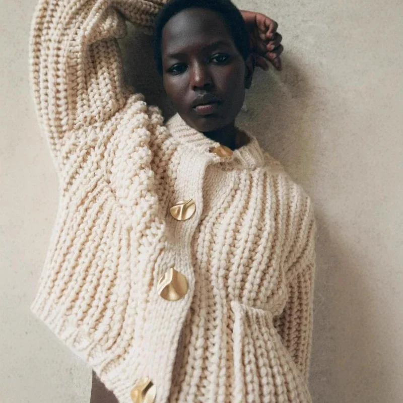 

Knit Sweaters Women Round Neck Button Thick Jumpers Cardigan Long Sleeve Spliced Pockets Sweater Elegant Casual Autumn