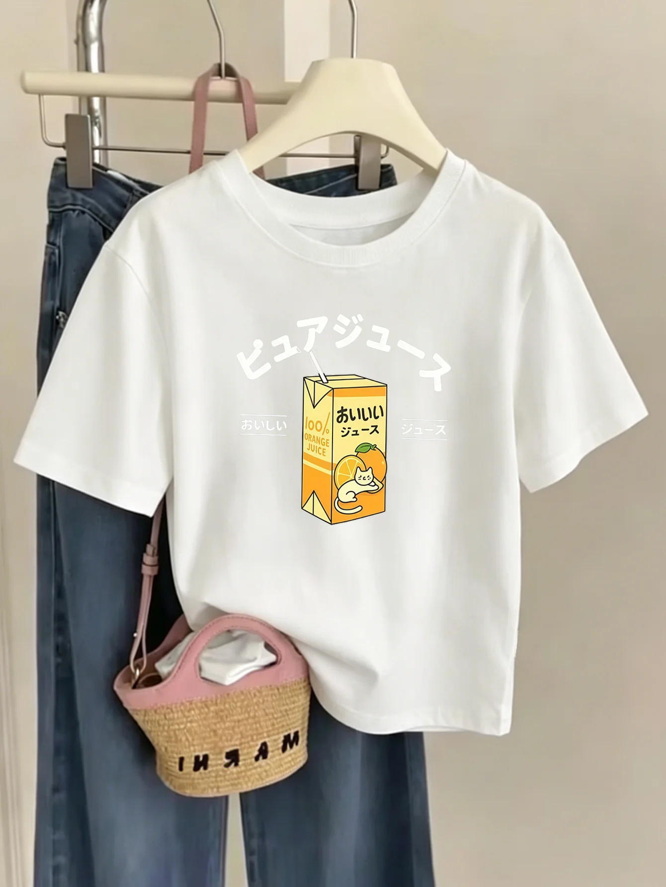 Kids Cute Japanese Orange Juice Box Cat Graphic Tee Boys Girls Family Matching Short Sleeve Sweet Drink Casual Everyday T Shirt