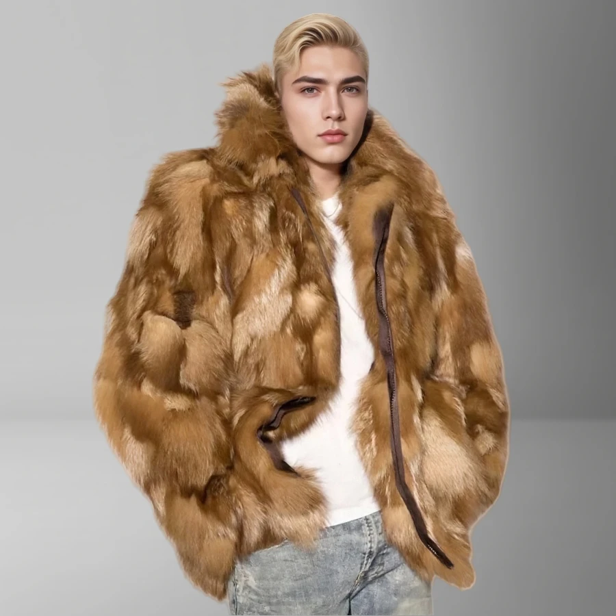 

Mens Fox Fur Coat Real Fox Fur Coat Men's Winter Fur Bomber Jacket Natural Crystal Fox Fur Overcoat High Quality Warm