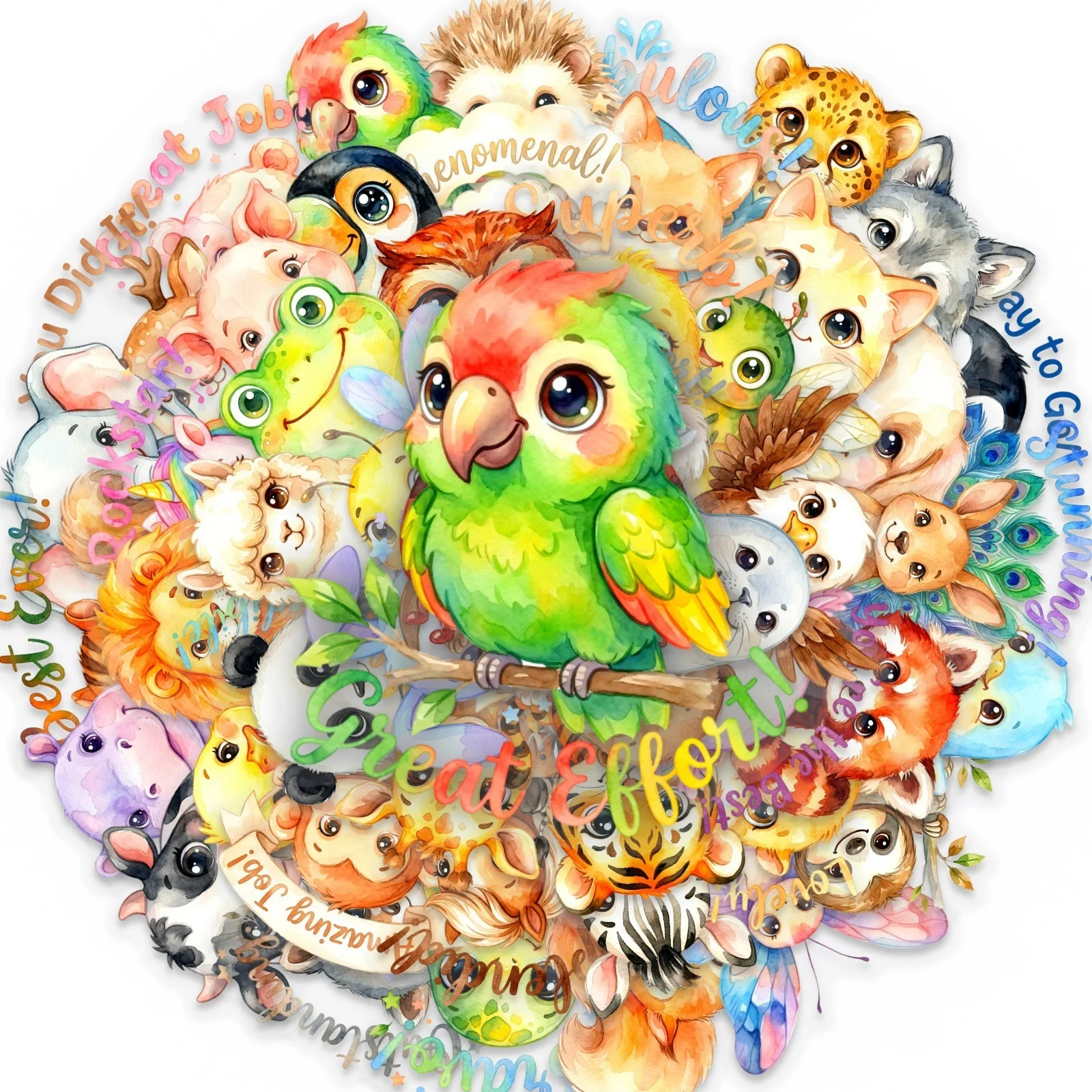 50PCS Cute Cartoon Pet Inspirational Quotes Stickers Set Watercolor Style Transparent PET Decals Kids Reward DIY Decoration