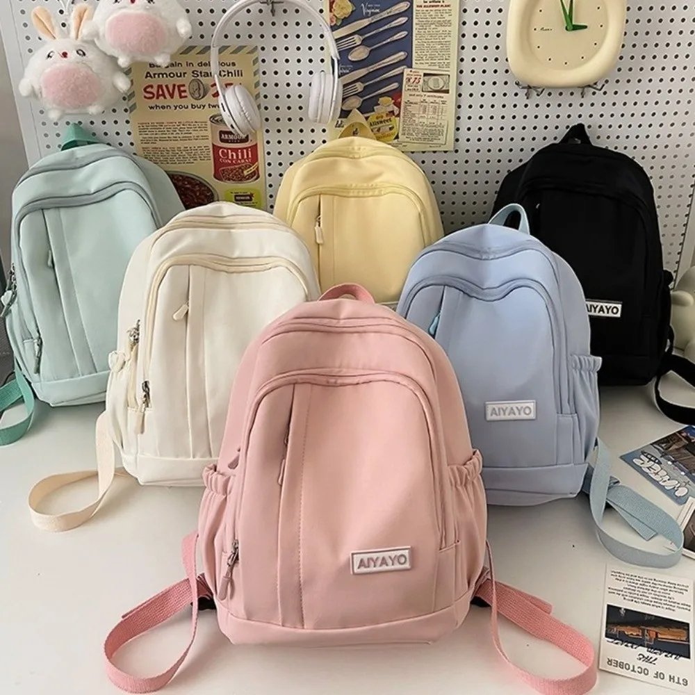Zaini per ragazze in nylon Borse da scuola per studenti in tinta unita multitasche Borse a tracolla per adolescenti di grande capacità in stile giapponese quotidiano