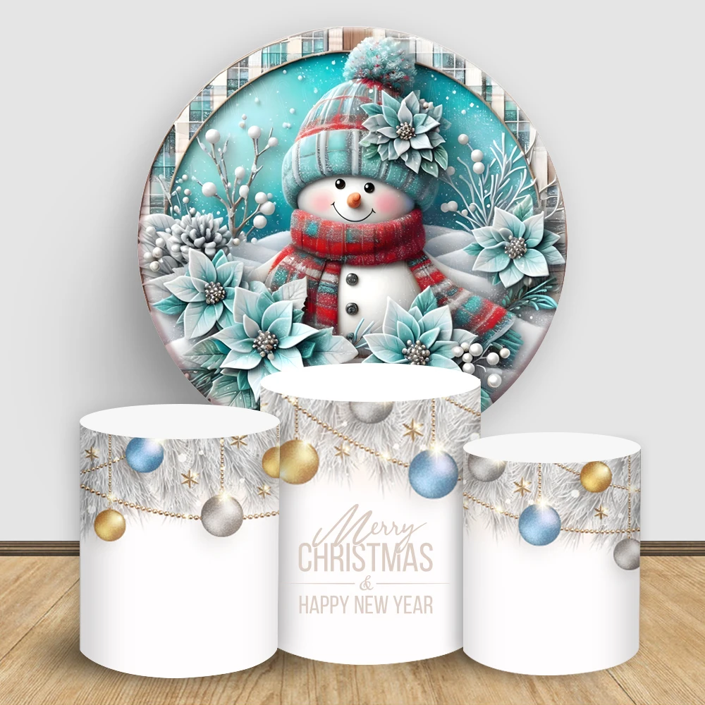 

Winter Christmas Round Backdrop Cover snowman background Shining silver Xmas tree Cylindrical cake tablecloth cover party decor