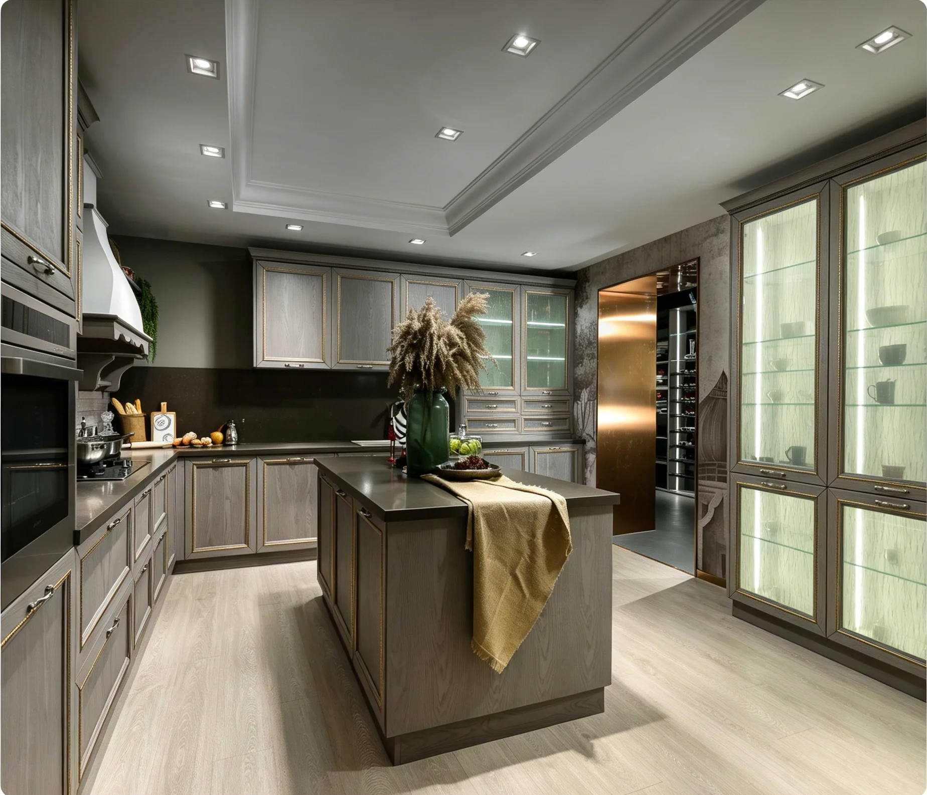 #Luxury villa kitchen with custom solid wood cabinets featuring gold-lined detailing, in an opulent European style.