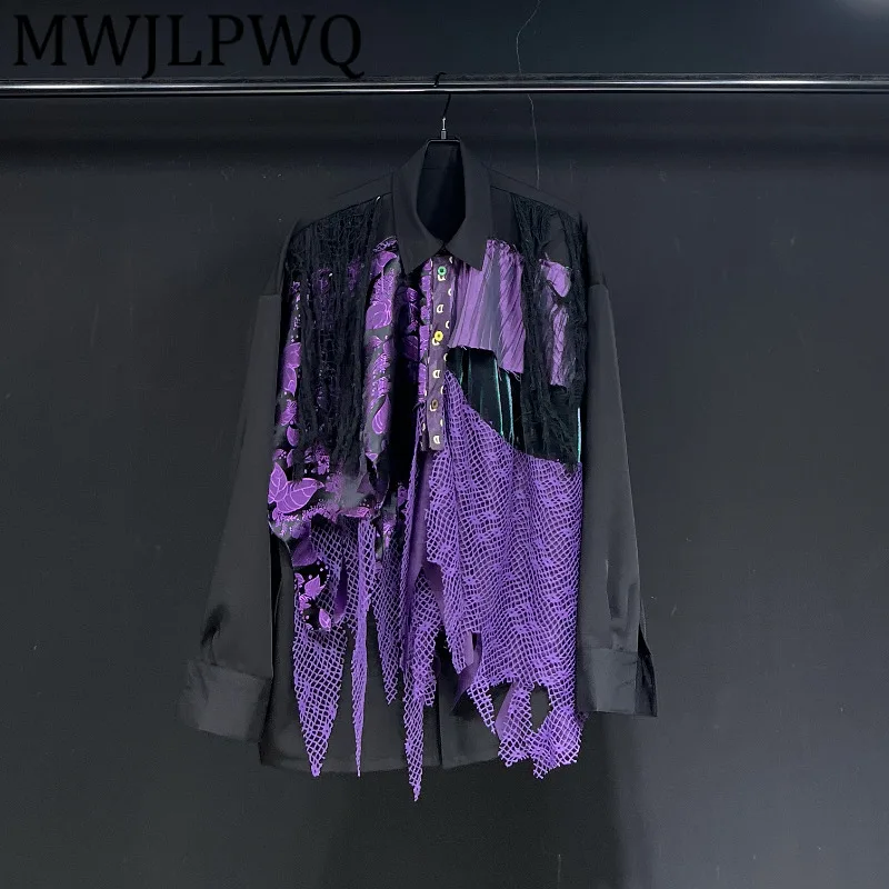 

MWJLPWQ Hollow Mesh Design 2025 New Purple Patchwork Shirt Men's High Street Loose Casual Long Sleeve Elegant Tops Autumn 11833