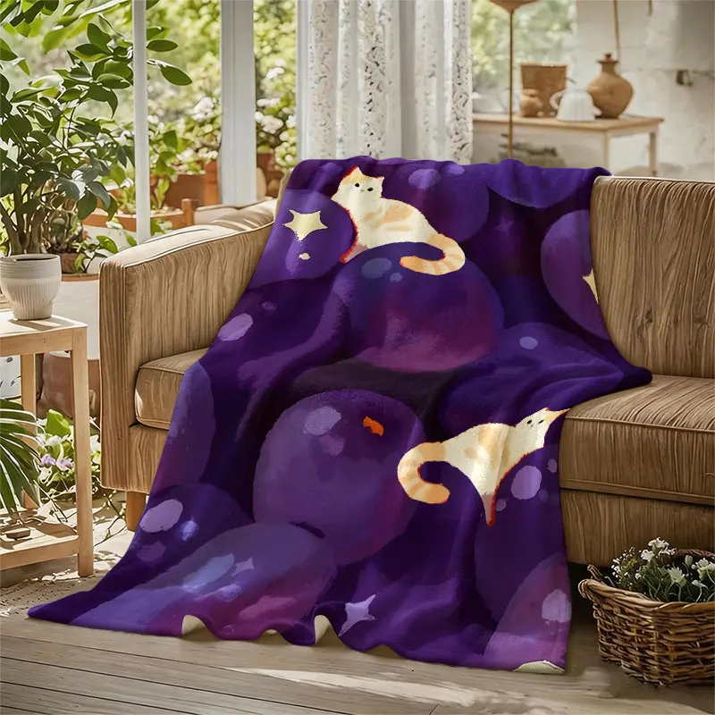 Orange Cats Purple Grapes Flannel Blanket Perfect for Sofa Office Bed Travel Sleep Read Relax Camping Four Season Use