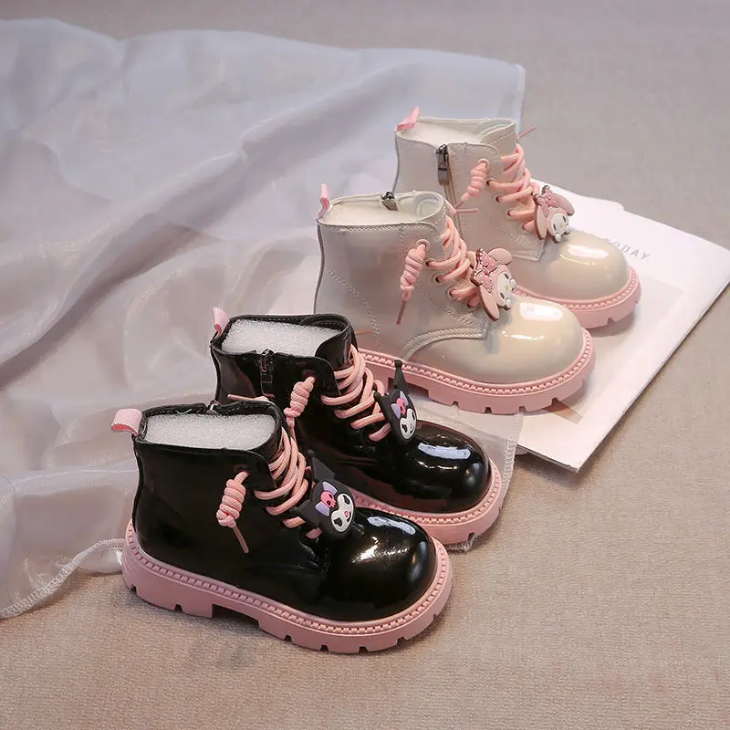 Anime Kawaii Sanrios My Melody Hellokittys Kuromi Girls Martin Boots Kids Shoes Princess Short Boot British Style Leather Boots