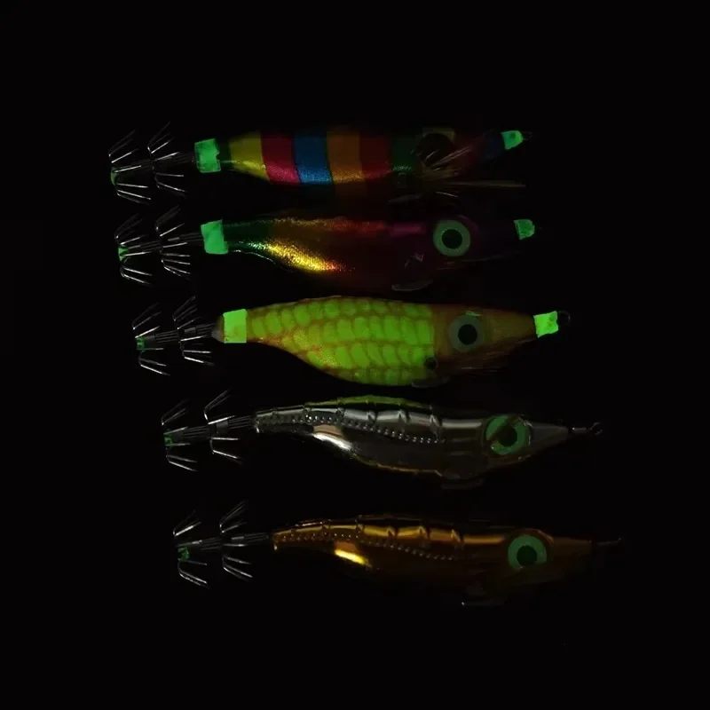 5Pcs 10cm Glow Horizontal Squid Jig Set, Simulation Shrimp Lure, Saltwater Egi Bait Hooks for Octopus Cuttlefish Fishing