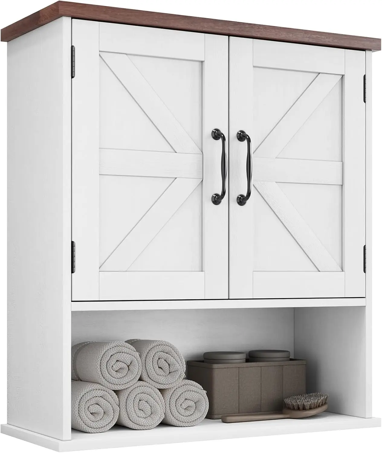 

Wall Mounted Bathroom Cabinet with Barn Doors, White, Adjustable Shelf, Farmhouse Style