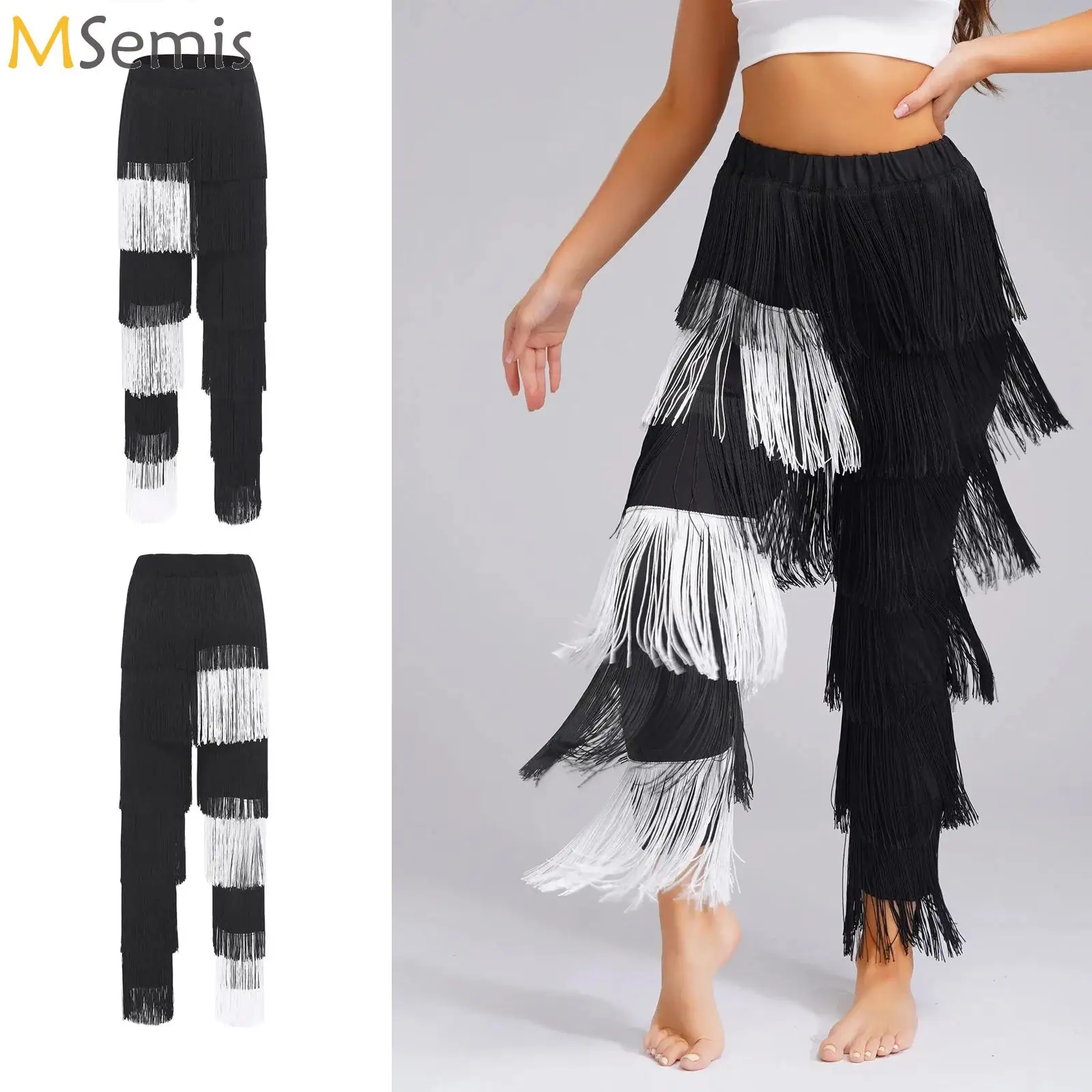 

Womens Latin Dancewear Elastic Waistband Tassel Latin Dance Pants Tango Cha-Cha Performance Costume Tiered Fringed Trousers