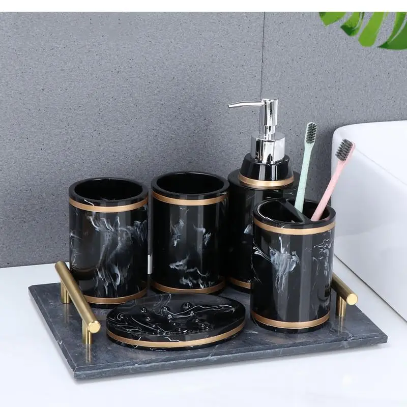 Marble-like Texture Bathroom Products, Resin Soap Dispenser, Toothbrush Holder, Tray, Mouthwash Cup, Accessories Set