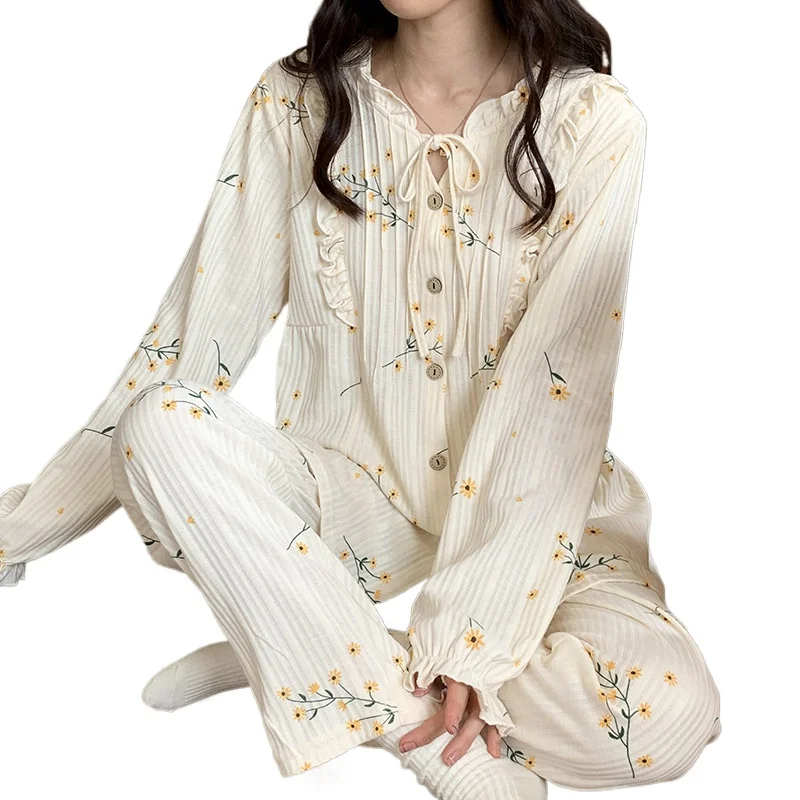 Autumn Knitted Cotton Leisure Lounge Wear Pajamas Woman Fashion Sleepewear Suit Long Sleeve Print Female Loungewear New Models