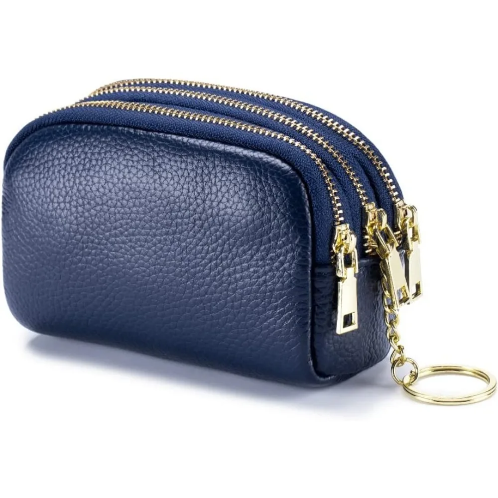 

3 Zippered Genuine Leather Coin Purse Triple Capacity Change Pouch Little Travel Wallet With Key Ring for Women