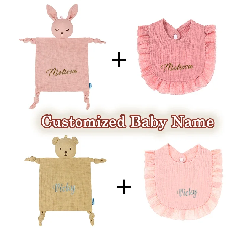 

2pice Set Personalized Baby Comforter Cute Baby Bibs Muslin Towel Newborn Soft Cotton Sleeping Dolls Burp Soothing Cloth Blanket