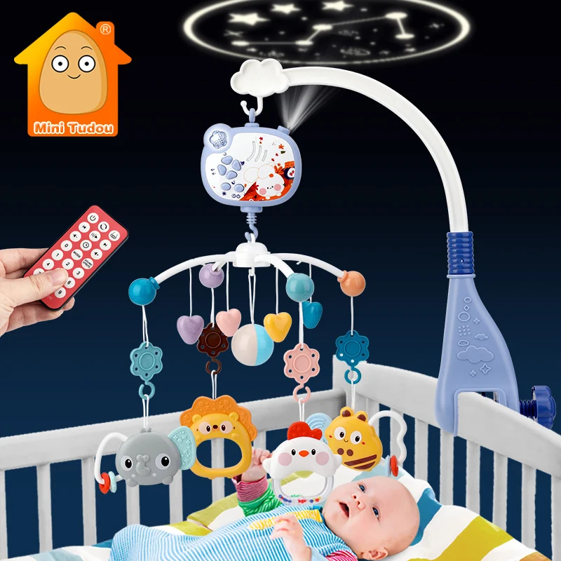 Mainan bayi 0 12 bulan kerincingan musik tempat tidur bayi berputar jarak jauh ponsel bel tempat tidur lampu malam korsel untuk hadiah bayi baru lahir