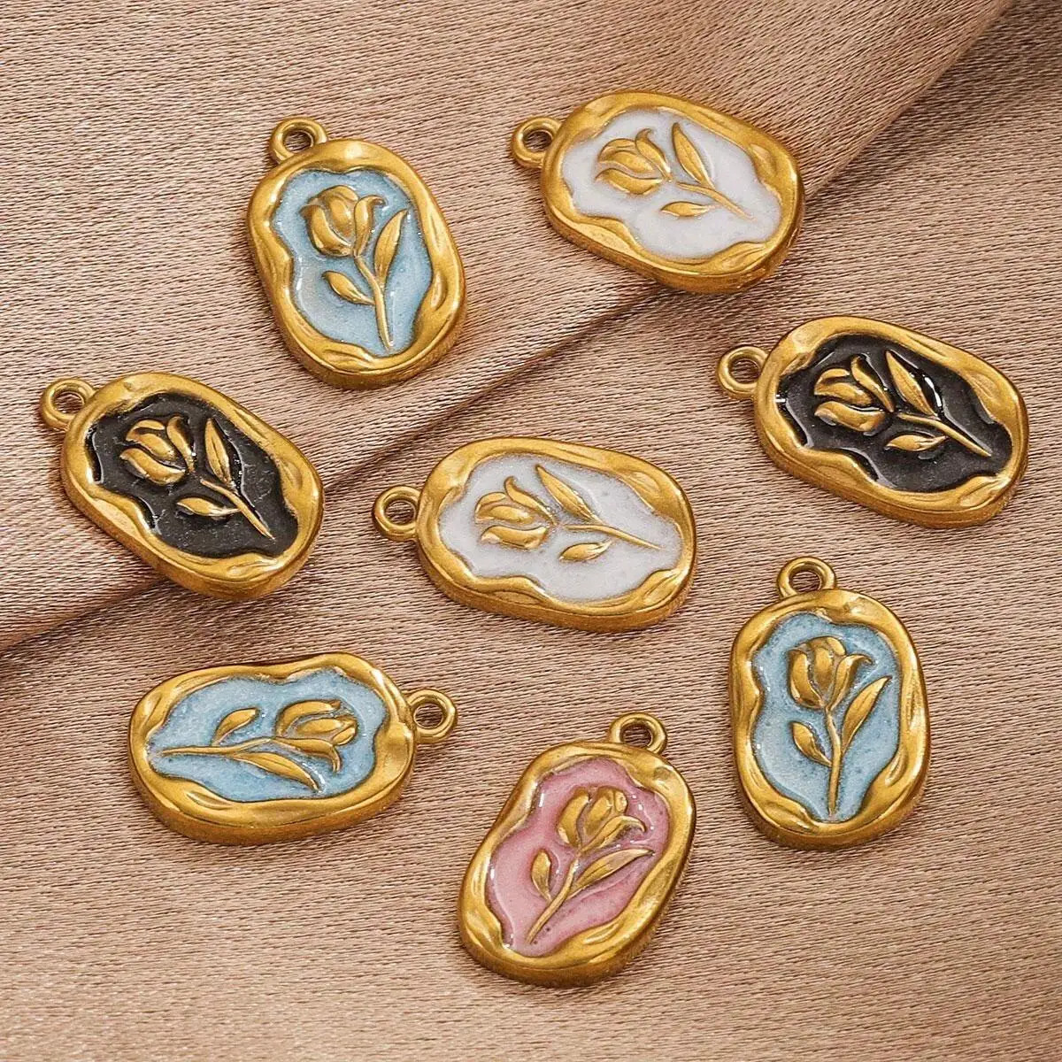 5pcs Gold Plated Stainless Steel Rose Enamel Charms for Jewelry Makings DIY Earrings Necklaces Jewellery Supplies Parts Bulk