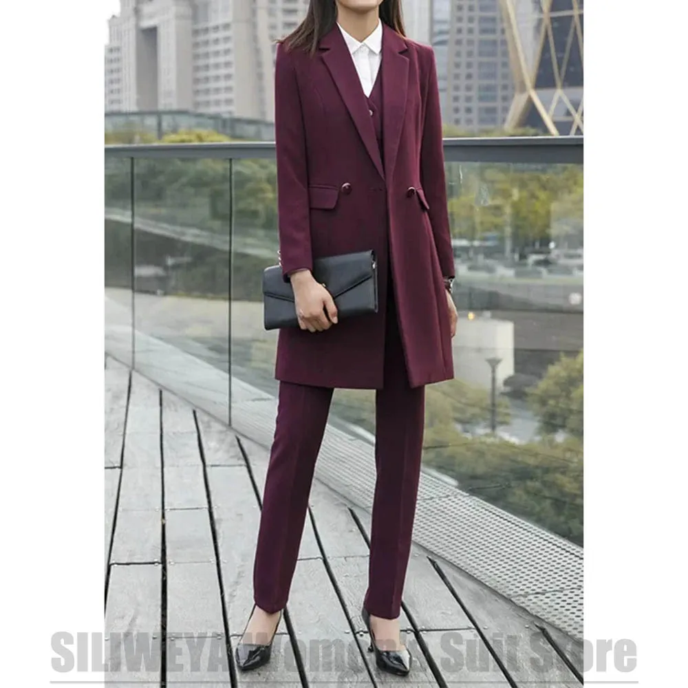 Women's Suit 3 Piece Formal Notch Lapel Long Blazer Vest Trousers Set Stylish Slim Solid Color Business Casual Office Lady Suits