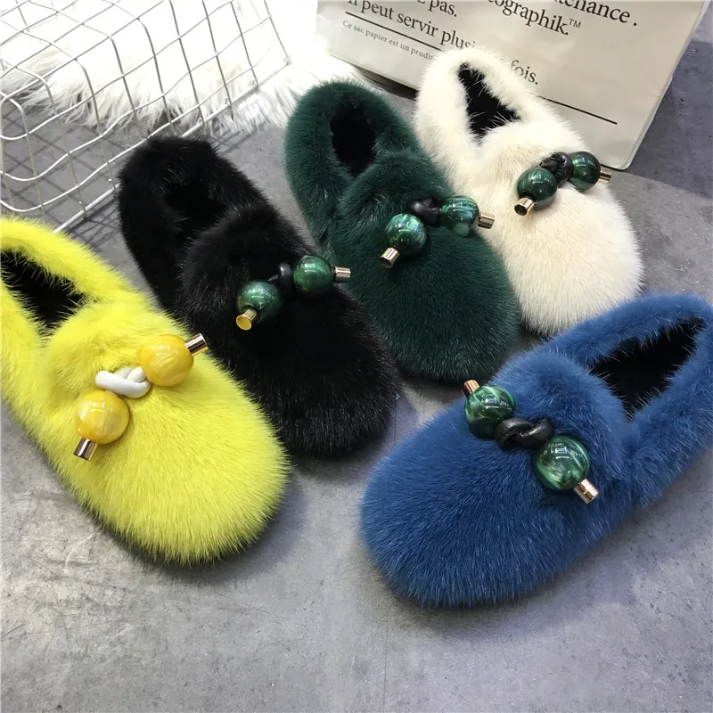 Real Mink Fur Women Casual Flats 2024 New Winter Warm Fur Shoes Comfortable Moccasins Ladies Flat Espadrilles Driving Loafers