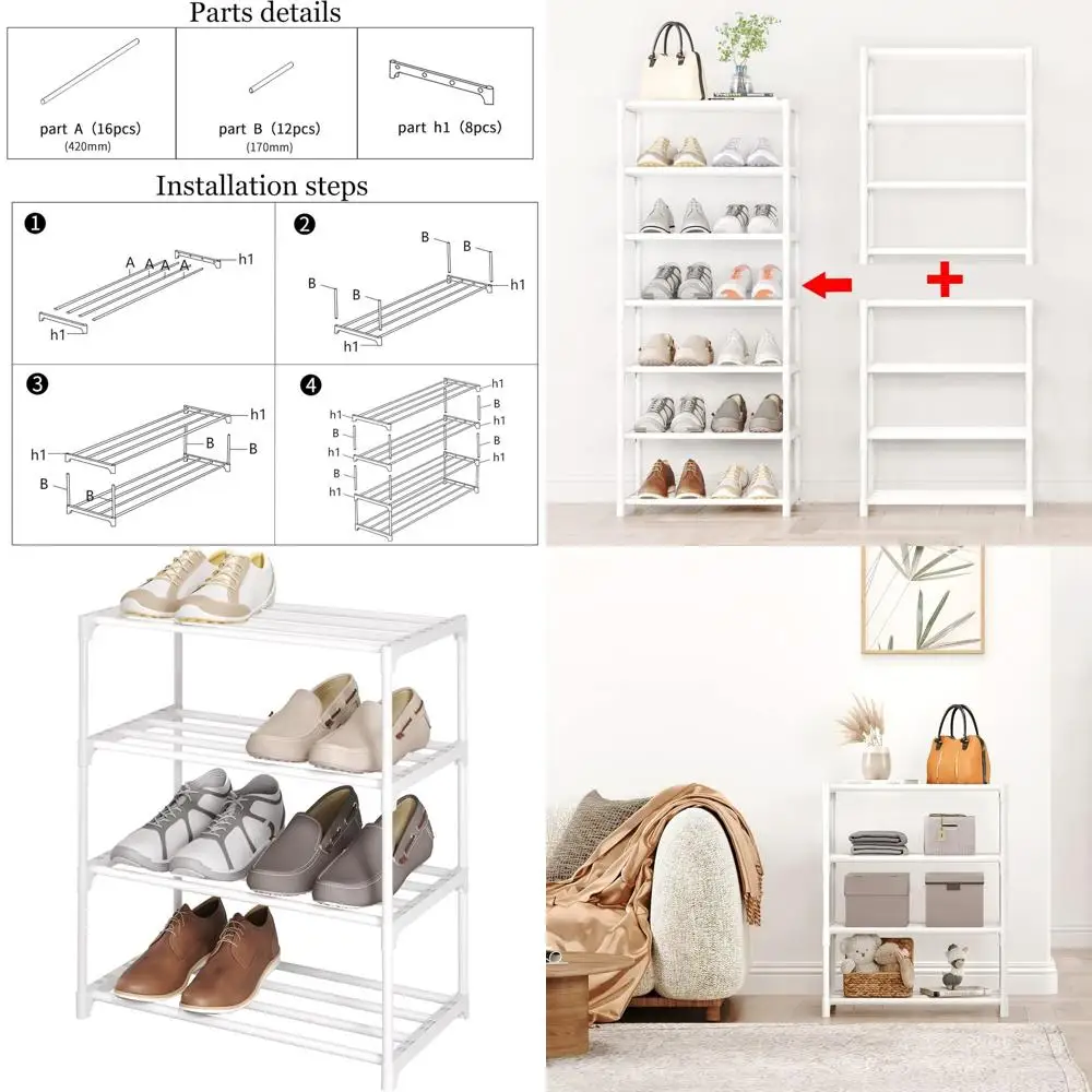 

4-ярусная складная полка для обуви, металлический органайзер для детской обуви, узкий дизайн для прихожей, гостиной, спальни (белый)