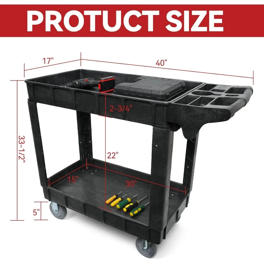 Carro utilitario con ruedas de 2 estantes, servicio resistente y carro de herramientas con ruedas, 40 x 17 pulgadas, capacidad de carga de 500 lb, ideal para garajes,