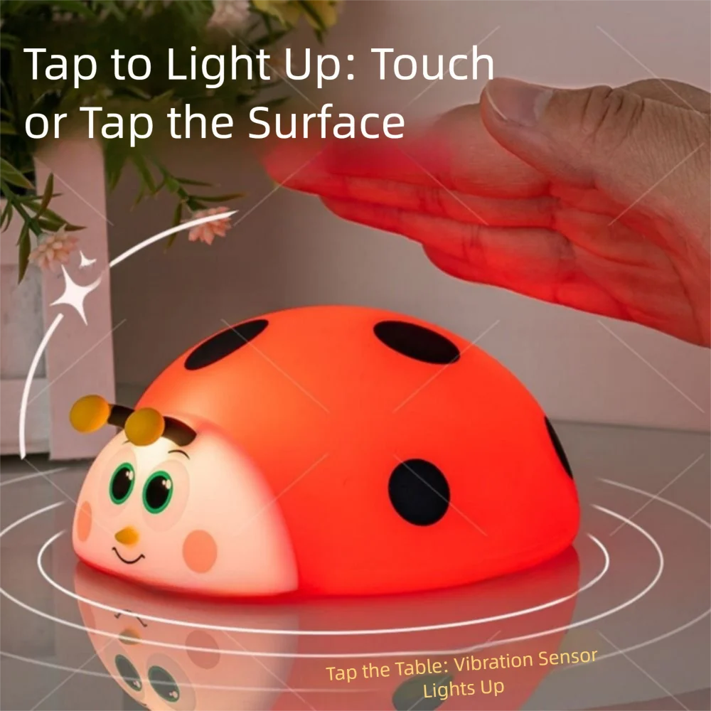 Touch Control Ladybug Night Light Type-C Rechargeable Eye Protection Nursery Sleeping Lamp Squeezable 3 Modes