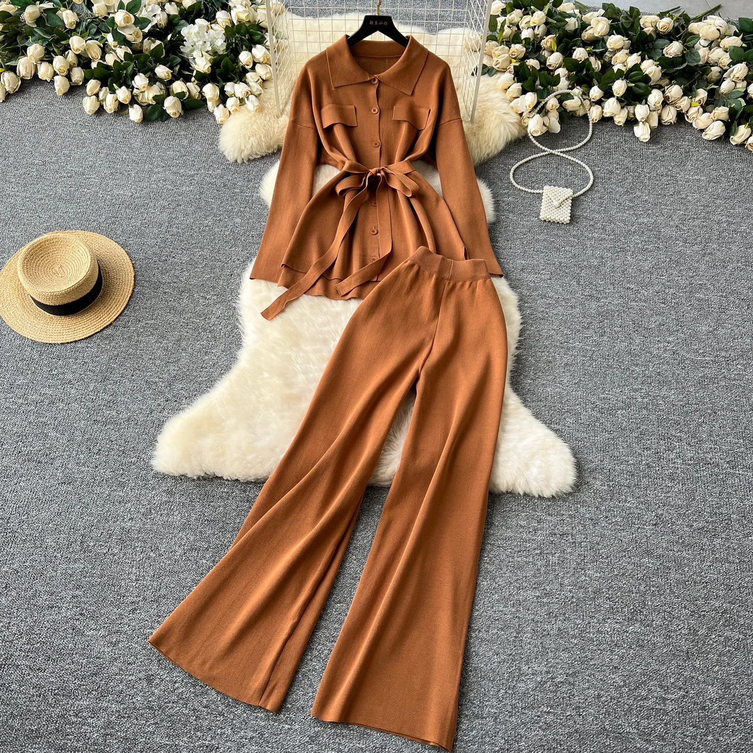 Women Knit Matching Two Pieces Set Single Breasted Long Sleeve Knitted Cardigan + High Waist Long Pants Clothing Suits