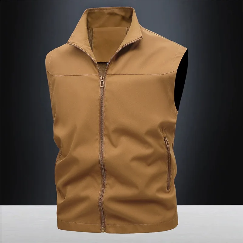 

Сплошной цвет без рукавов с карманом на молнии и высоким воротом, модный жилет, топ