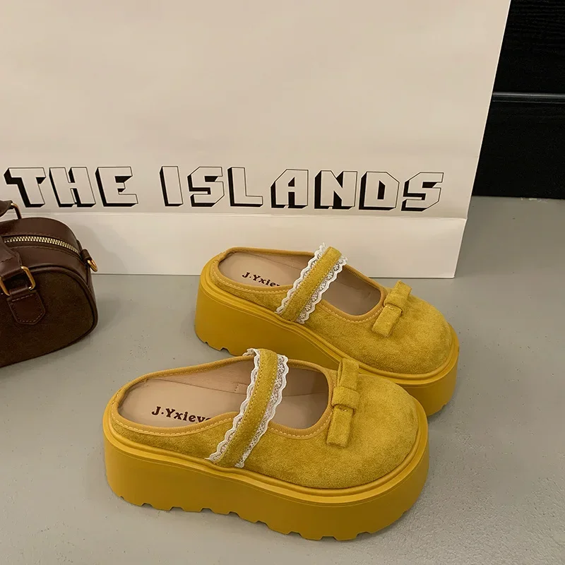 

Hot SellerFrench Retro Thick Bottom Bao Head Half Slippers Women 2025 Spring New Increase Bow Outside To Wear Slippers Shoes