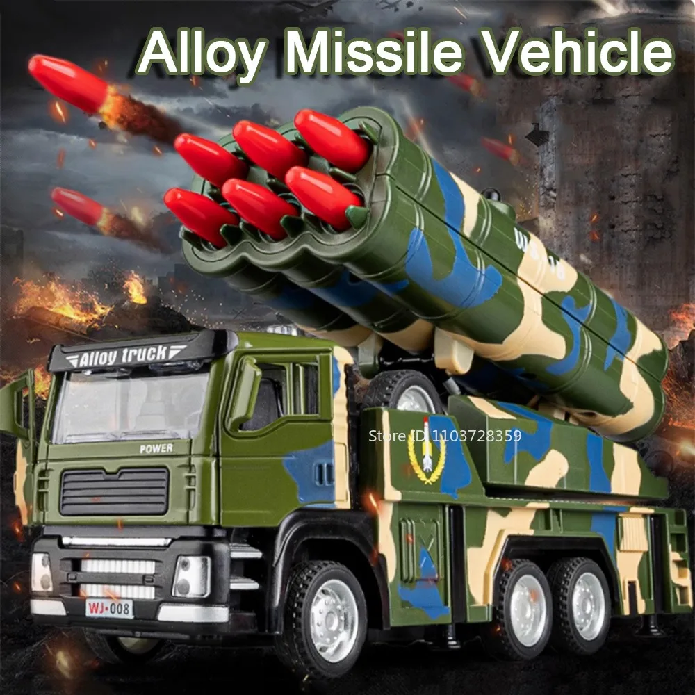 

1:32 Alloy Missile Vehicle Model Toys Metal Diecast Rocket Launcher Cars Sound Light Pull Back Military Vehicles for Boys Gifts