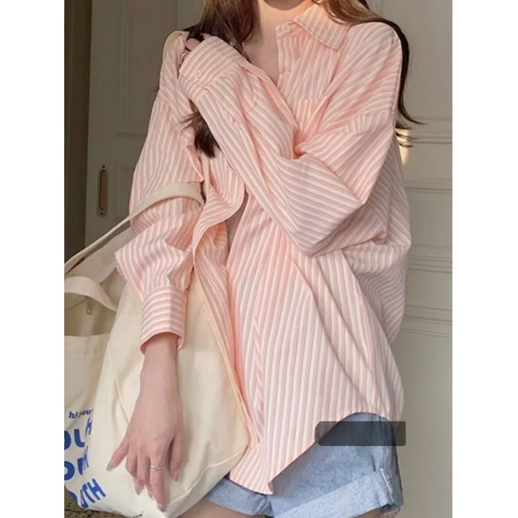 

Розовый полосатый кардиган с длинными рукавами, верхняя одежда, женская летняя новинка, солнцезащитный топ, дышащий, из полиэфирного волокна