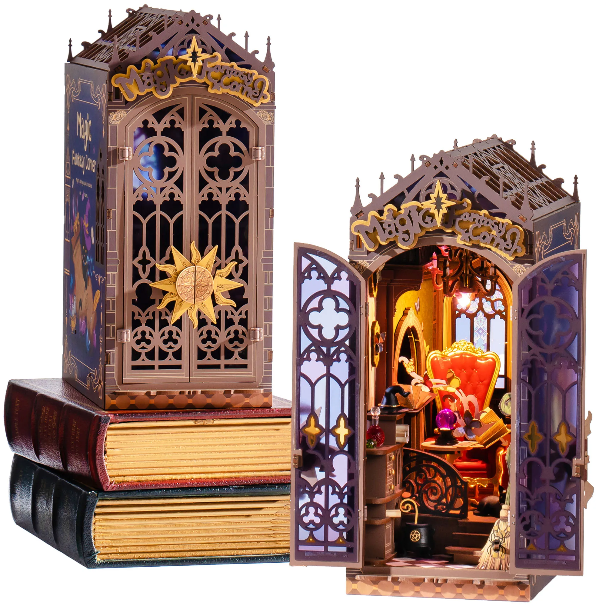 Rolife Wooden Bookends 3D Puzzle - Magic Fantasy Corner DIY Book Nook Model Building Kit with LED Light for Bookshelf Decor Birthday Gift for Teens Adults