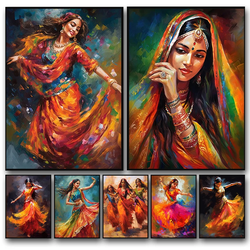 Indian Woman Dance Poster Vintage Traditional Beautiful Indian Woman Art Canvas Painting Wall Print Picture Room Home Decor