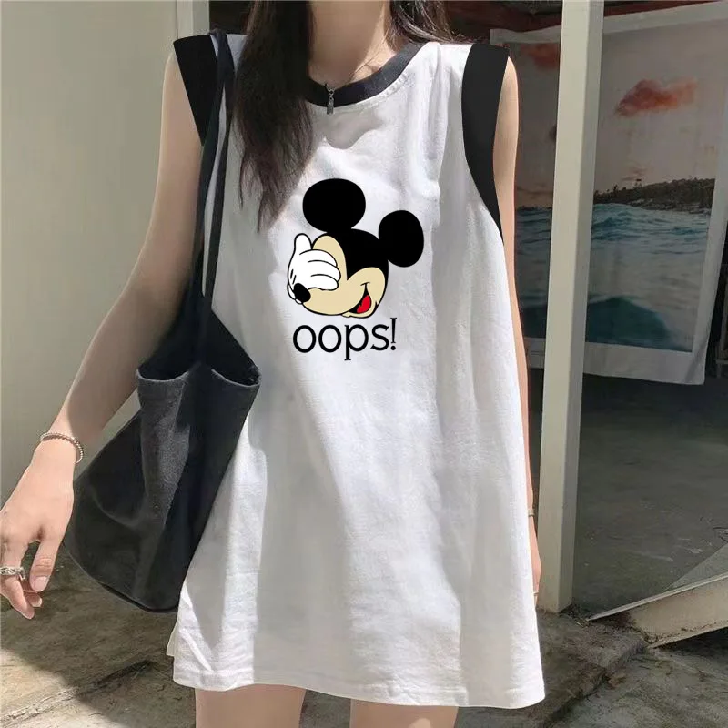 2024 New Kawaii Girls Mickey Print Sleeveless Short-Sleeved Summer Women Loose Sweet Long T-Shirt Tops Birthday Gifts Plus Size