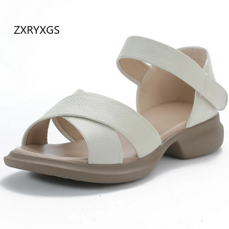 

ZXRYXGS Summer Genuine Leather Open Toe Sandals 2025 New Summer Elegant Comfortable Low Heel Sandals Casual Roman Sandals Trendy