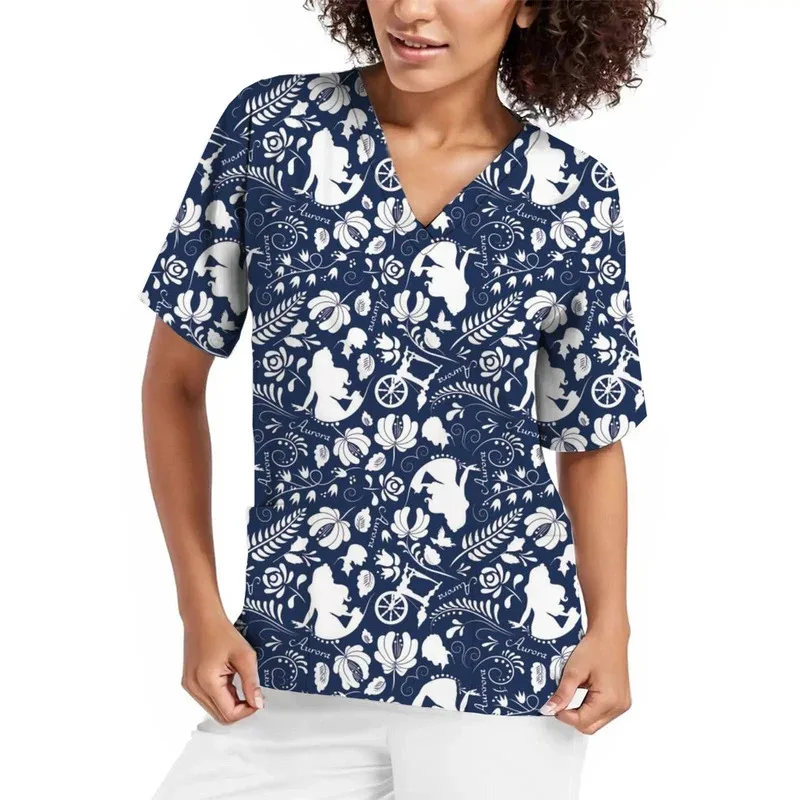 Униформа медсестры с принтом принцессы Диснея, хирургическое платье для стоматологической клиники с v-образным вырезом, Белоснежка, рабочая одежда для домашних животных, женская рабочая одежда с короткими рукавами