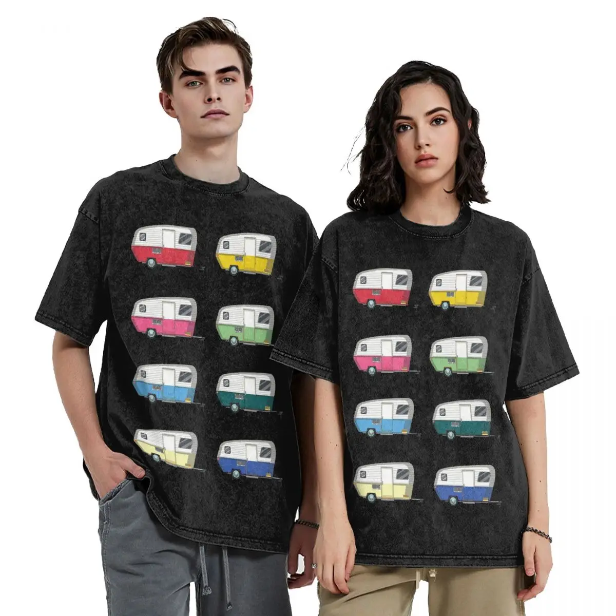 Colourful Vintage Eriba Puck Caravan Daisy Washed T Shirts Casual Short Sleeve Hip Hop T-Shirt Streetwear Tops Tees