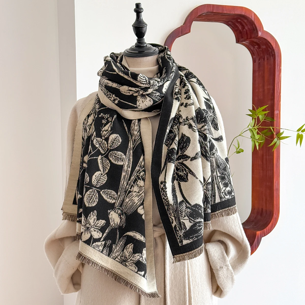 

Зимняя теплая шаль, элегантный кашемировый шарф с цветочным принтом, женское толстое одеяло, пашмина, буфанда, кисточка, женский длинный платок 2025