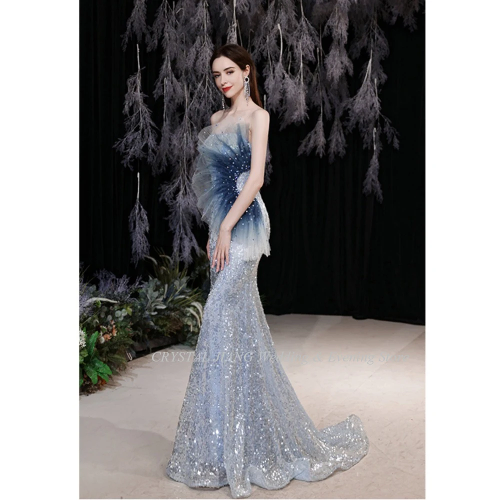 Elegant Mermaid Long Prom Dresses for Party Custom Made Blue Sequins Beaded Evening Prom Gowns 2024